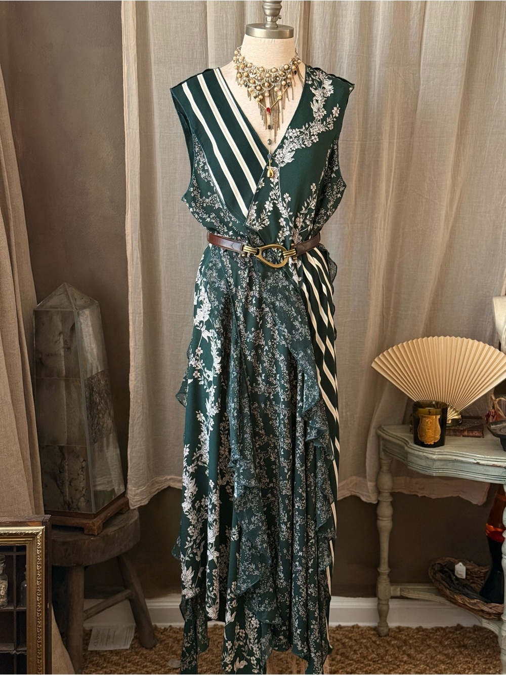 Green Floral striped mixed pattern asymmetrical Maxi Dress wedding guest y2k